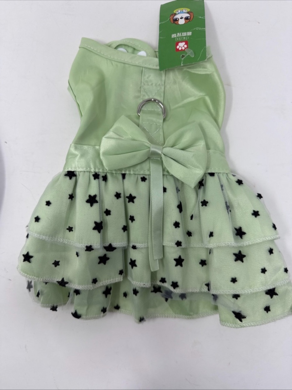 Princess Style Female Dog Dress Green With Layered Lace Bow And Leash Ring.